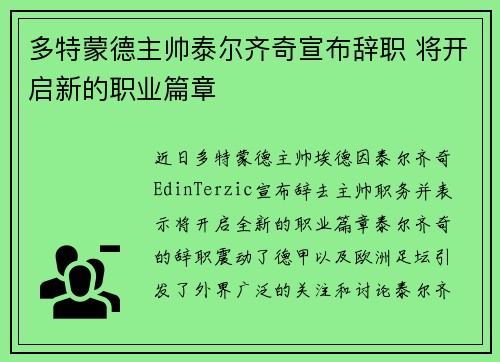 多特蒙德主帅泰尔齐奇宣布辞职 将开启新的职业篇章